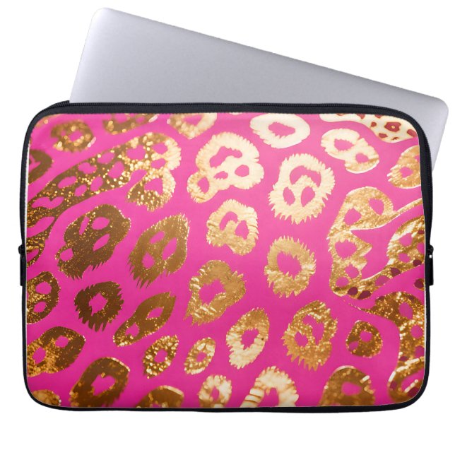 Heet Roze Gouden Luipaardprint Glamour Laptop Sleeve (Voorkant)