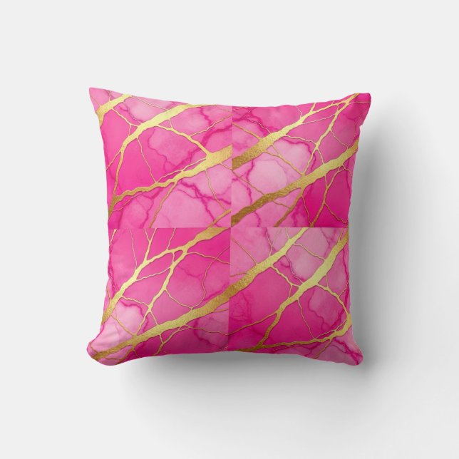 Heet roze + gouden moderne luxe marmeren sierkusse kussen (Voorkant)