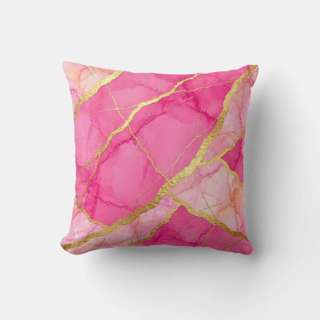 Heet roze + gouden moderne luxe marmeren sierkusse kussen (Voorkant)