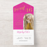 Heet Roze Gouden Sterren Vlammen Boog Foto Sweet 1 All In One Uitnodiging<br><div class="desc">Alles in één Sweet 16 uitnodiging perfect voor een glamoureuze hete roze sweet sixteen viering met goud folie lettertypen,  en kleine gouden folie sterren en vlammen tegen een diepe en heldere tint fuchsia roze. Voeg een foto toe van het meisje dat jarig is in een boogvorm.</div>