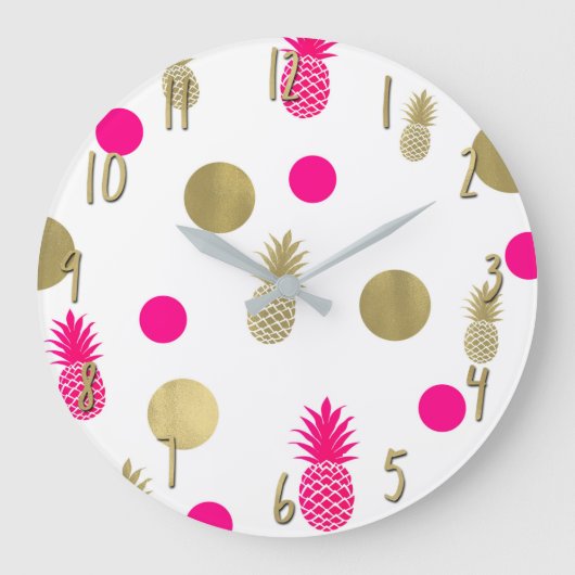 Heet Roze & Gouden Stippen & Ananas Fun Zomer Chic Grote Klok (Voorkant)