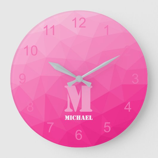 Heet roze Gradiënt geometrie Mesh Patroon Monogram Grote Klok (Voorkant)