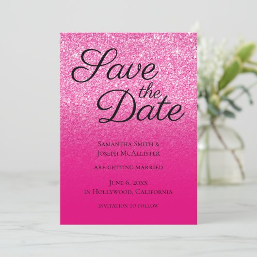 Heet Roze Gradiënt Glitters Save The Date (Staand voorkant)
