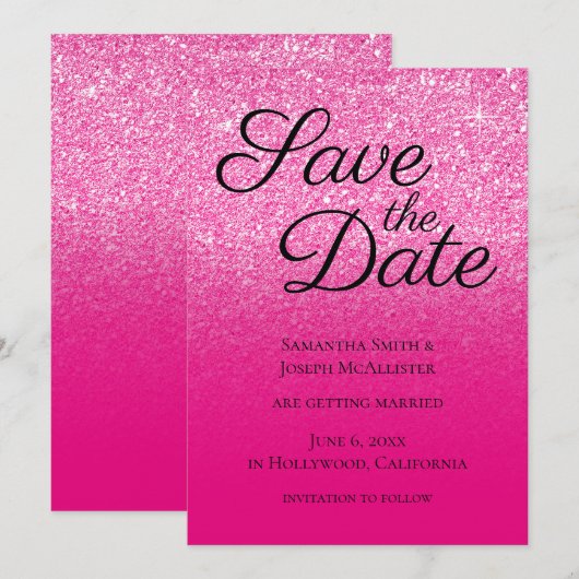 Heet Roze Gradiënt Glitters Save The Date (Voorkant / Achterkant)