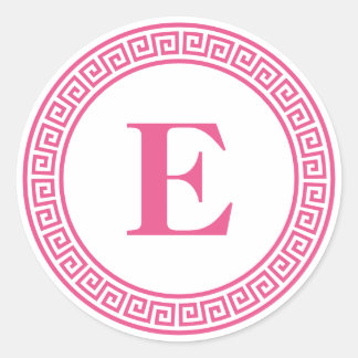 Heet Roze Grieks Sleutel Grens Monogram Briefpapie Ronde Sticker