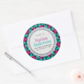 Heet Roze & Groen Weefselpatroon dat door Etikette Ronde Sticker (Envelop)