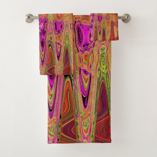 Heet Roze Groovy Abstract Retro Atoomgolven Bad Handdoek (Insitu)