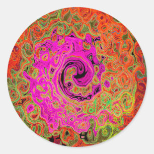 Heet Roze Groovy Abstract Retro Vloeibare Draaikol Ronde Sticker