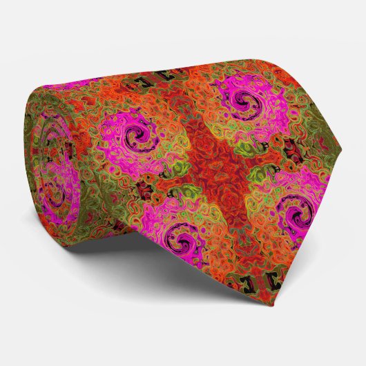 Heet Roze Groovy Abstract Retro Vloeibare Draaikol Stropdas (Opgerold)