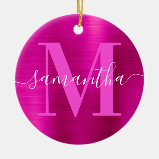 Heet Roze Handtekening Monogram Folie Foto Keramisch Ornament (Voorkant)