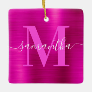 Heet Roze Handtekening Monogram Folie Foto Keramisch Ornament