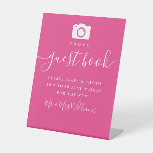 Heet Roze Handtekening Script Foto Guestbook Reclamebord Met Voetstuk (Voorkant)