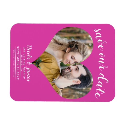 Heet Roze Hart Foto Bruiloft Save the Date Magneet (Horizontaal)