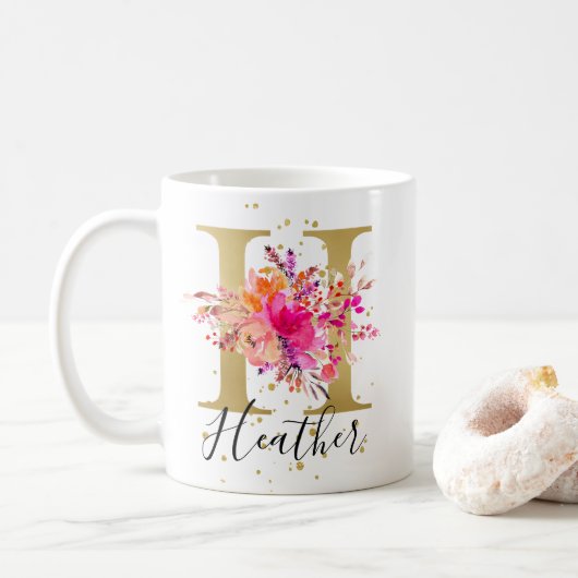 Heet Roze Helder Bloemen Letter H Monogram Koffiemok (Met donut)