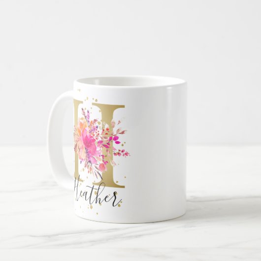 Heet Roze Helder Bloemen Letter H Monogram Koffiemok (Voorkant links)