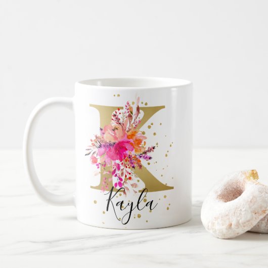 Heet Roze Helder Bloemen Letter K Monogram Koffiemok (Met donut)