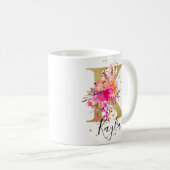 Heet Roze Helder Bloemen Letter K Monogram Koffiemok (Voorkant rechts)