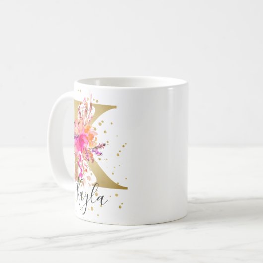 Heet Roze Helder Bloemen Letter K Monogram Koffiemok (Voorkant links)