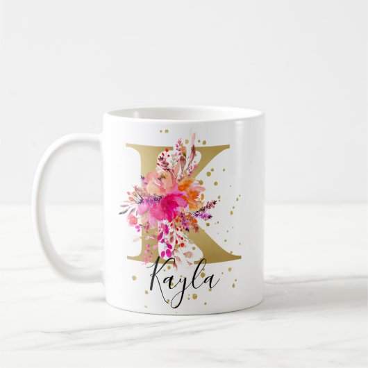 Heet Roze Helder Bloemen Letter K Monogram Koffiemok (Links)