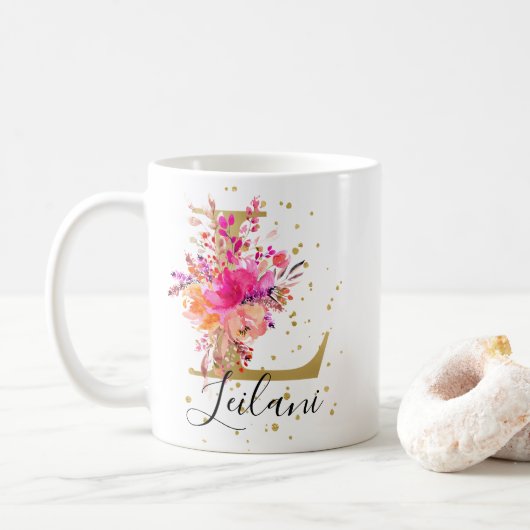 Heet Roze Helder Bloemen Letter L Monogram Koffiemok (Met donut)
