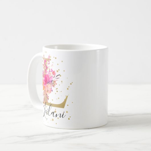 Heet Roze Helder Bloemen Letter L Monogram Koffiemok (Voorkant links)