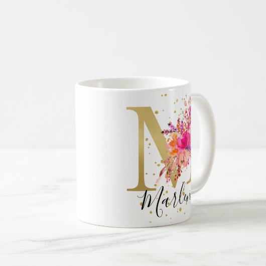 Heet Roze Helder Bloemen Letter M Monogram Koffiemok (Voorkant rechts)