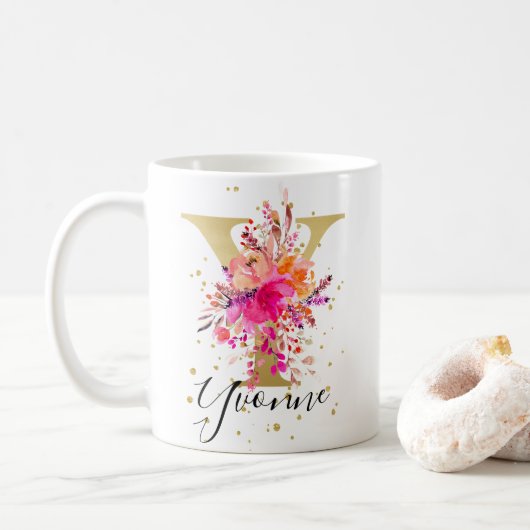 Heet Roze Helder Bloemen Letter Y Monogram Koffiemok (Met donut)