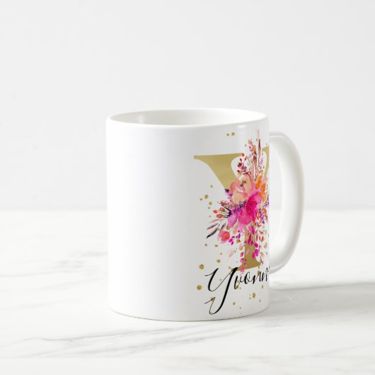 Heet Roze Helder Bloemen Letter Y Monogram Koffiemok (Voorkant rechts)