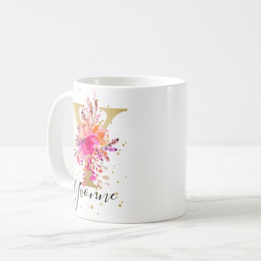 Heet Roze Helder Bloemen Letter Y Monogram Koffiemok (Voorkant links)