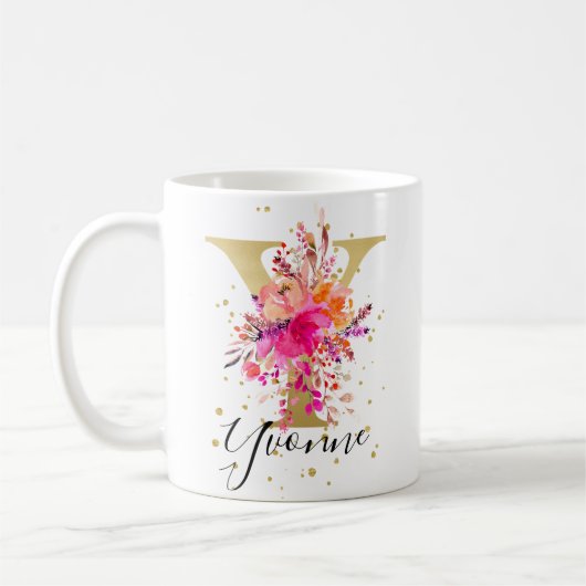 Heet Roze Helder Bloemen Letter Y Monogram Koffiemok (Links)