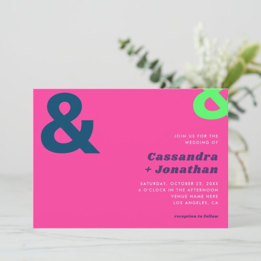 Heet Roze Heldere Retro | Groovy Ampersand Wedding Kaart (Staand voorkant)