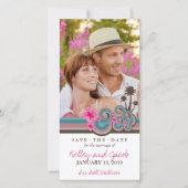 Heet Roze Hibiscus Tropisch Blauw Waves Strand Fot Save The Date (Voorkant)