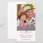 Heet Roze Hibiscus Tropisch Blauw Waves Strand Fot Save The Date (Voorkant / Achterkant)