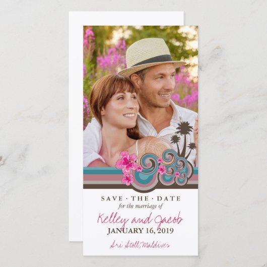 Heet Roze Hibiscus Tropisch Blauw Waves Strand Fot Save The Date (Voorkant / Achterkant)