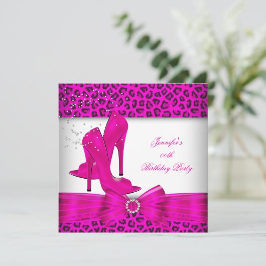 Heet-roze hoge-hiel-leopard Birthday Party Kaart (Staand voorkant)