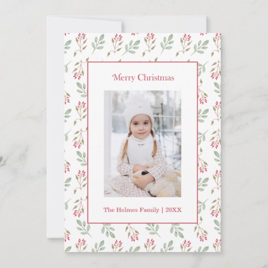 Heet Roze Holly Berry en Eucalyptus Kerst Kaart (Voorkant)