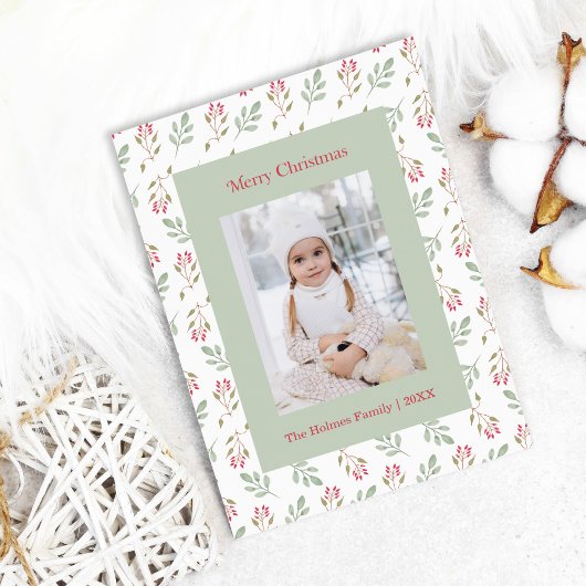 Heet Roze Holly Berry en Eucalyptus Kerst Kaart