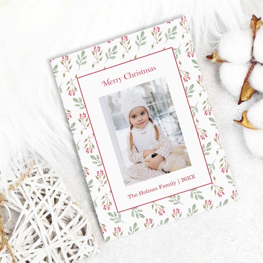 Heet Roze Holly Berry en Eucalyptus Kerst Kaart