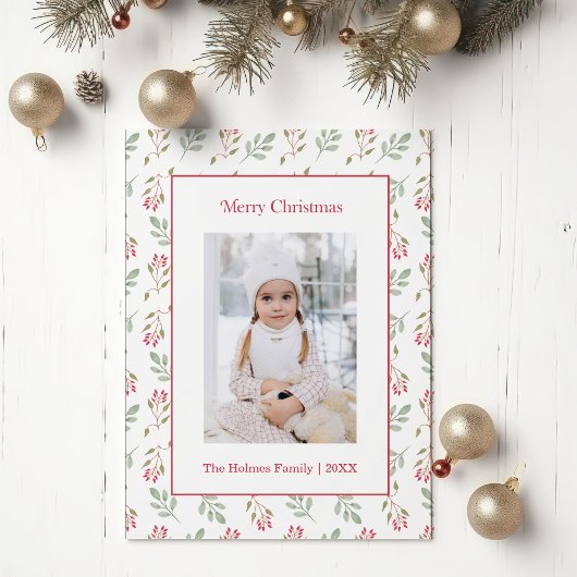 Heet Roze Holly Berry en Eucalyptus Kerst Kaart