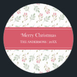 Heet Roze Holly Berry Merry Christmas Gift Sticker<br><div class="desc">Maak uw vakantiegiften extra speciaal met onze Hot Pink Holly Berry Merry Christmas Gift Stickers. Deze charmante Stickers hebben het tijdloze patroon van beige en rode vakantiebladeren,  met een oprechte "Merry Christmas"-begroeting en een aanpasbare naam,  die een persoonlijke touch aan elk cadeau toevoegt.</div>