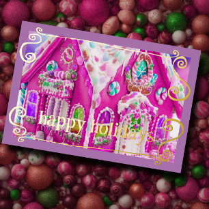 Heet Roze Iced Gingerbread House Snoep Feestdagen Kaart