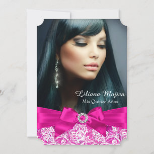 Heet Roze Kant en Juweel Boog Quinceanera Kaart