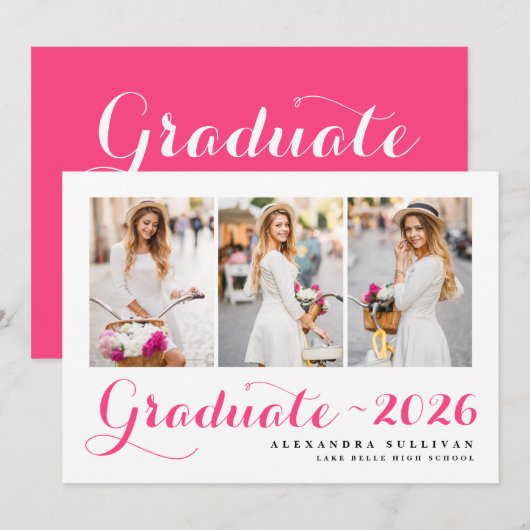 Heet Roze Klas van 2026 Foto Collage Afstuderen Aankondiging (Voorkant / Achterkant)
