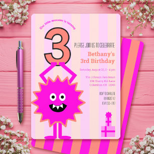 Heet Roze Kleine Monster 3e Meisje Verjaardag Stre Kaart