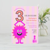 Heet Roze Kleine Monster 3e Meisje Verjaardag Stri Kaart (Staand voorkant)