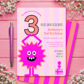 Heet Roze Kleine Monster 3e Meisje Verjaardag Stri Kaart