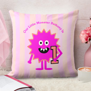 Heet Roze Kleine Monster Meisje 1e Verjaardag Stri Kussen