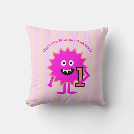 Heet Roze Kleine Monster Meisje 1e Verjaardag Stri Kussen (Voorkant)