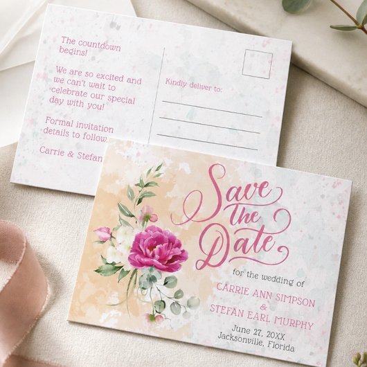 Heet roze kleur spetterende trouw-houd-de-datum-ka briefkaart