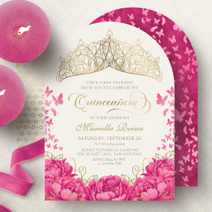 Heet Roze Kroon Vlinders Elegante Quinceanera Kaart